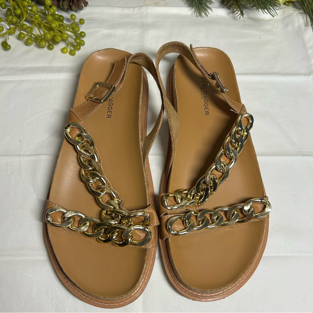 Kelsi Dagger Leather Chain Sandals Script Tan- Woman’s Size 10